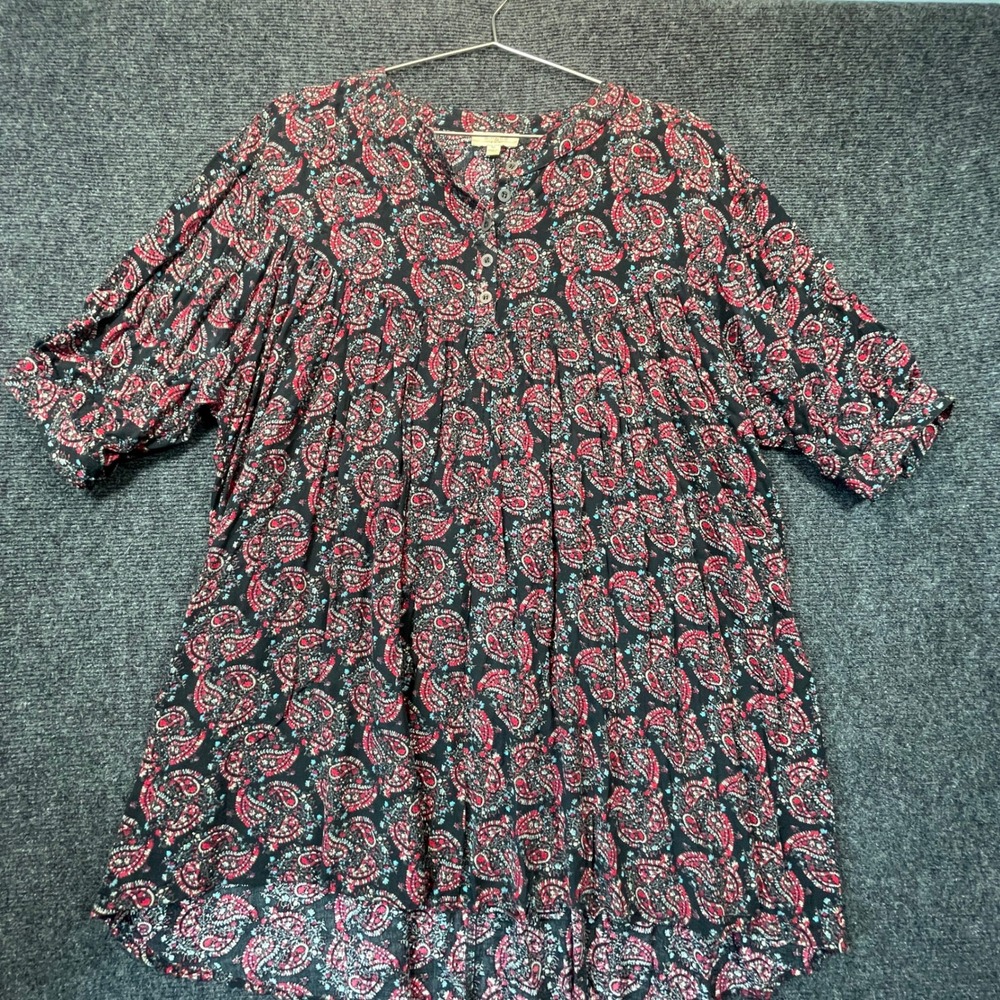 Red Paisley Babydoll Tunic M Oversized Black Top Boho Western Modest Peasant